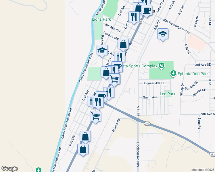 map of restaurants, bars, coffee shops, grocery stores, and more near 1133 Washington 28 in Ephrata