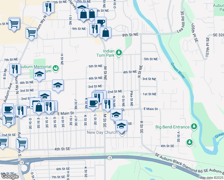 map of restaurants, bars, coffee shops, grocery stores, and more near 203 N Street Northeast in Auburn