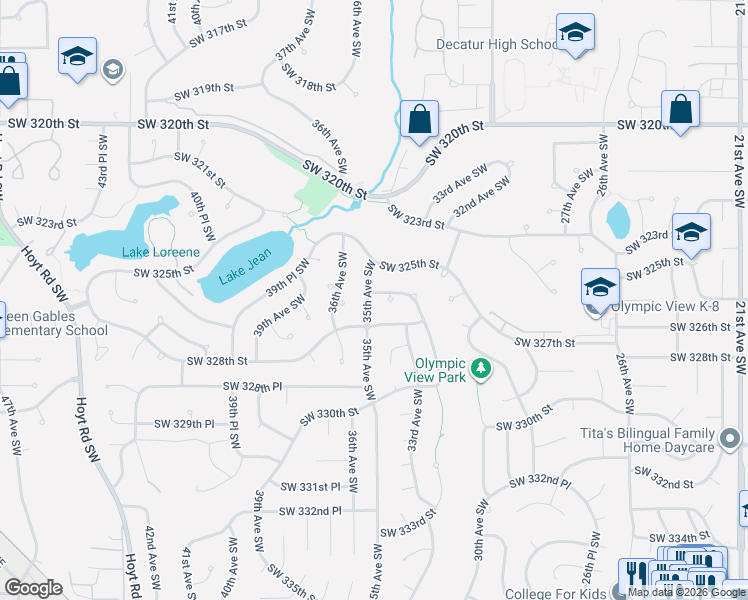 map of restaurants, bars, coffee shops, grocery stores, and more near 32604 35th Avenue Southwest in Federal Way