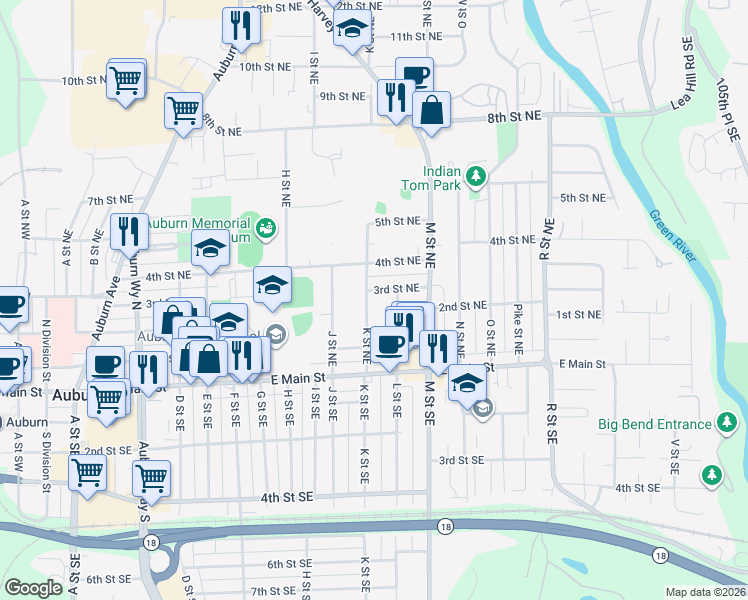 map of restaurants, bars, coffee shops, grocery stores, and more near 210 K Street Northeast in Auburn