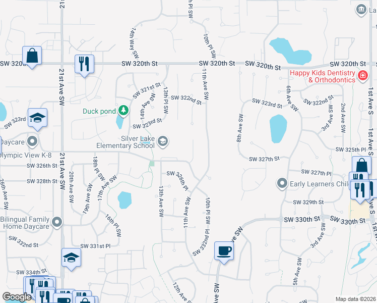 map of restaurants, bars, coffee shops, grocery stores, and more near 32425 12th Avenue Southwest in Federal Way