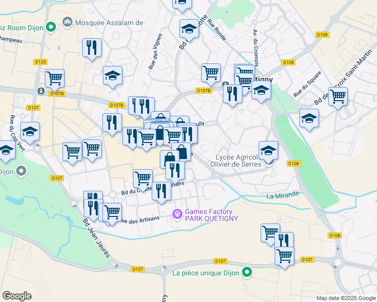 map of restaurants, bars, coffee shops, grocery stores, and more near Avenue de Bourgogne in Quetigny