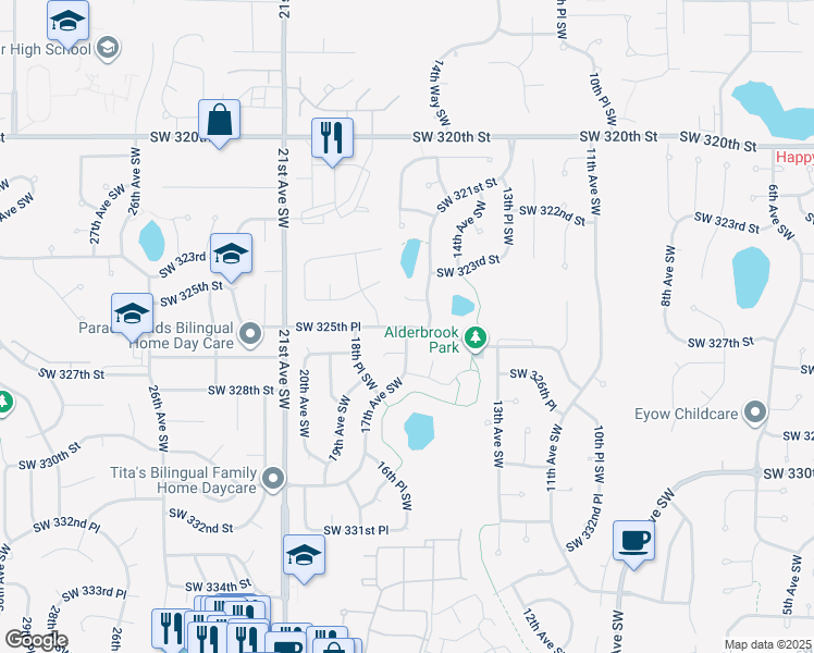 map of restaurants, bars, coffee shops, grocery stores, and more near 17th Avenue Southwest in Federal Way