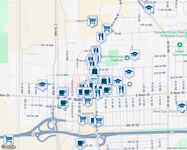 map of restaurants, bars, coffee shops, grocery stores, and more near 223 3rd Street Northeast in Auburn