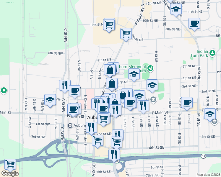 map of restaurants, bars, coffee shops, grocery stores, and more near 223 3rd Street Northeast in Auburn