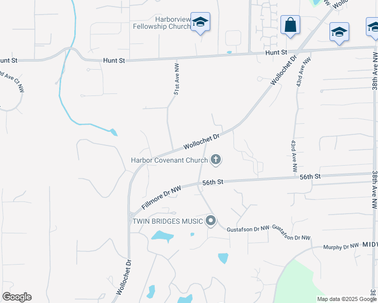 map of restaurants, bars, coffee shops, grocery stores, and more near 5813 Wollochet Drive in Gig Harbor