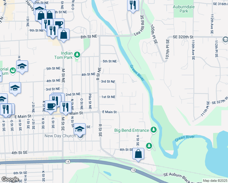 map of restaurants, bars, coffee shops, grocery stores, and more near 1709 1st Street Southeast in Auburn