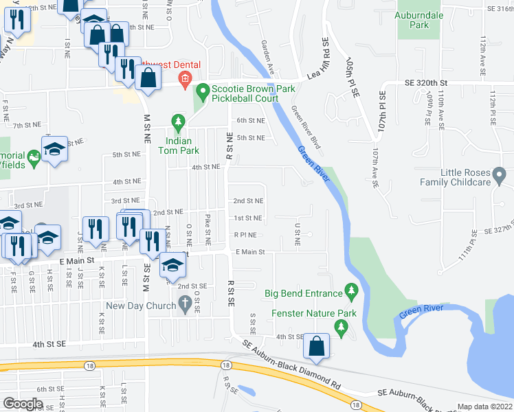 map of restaurants, bars, coffee shops, grocery stores, and more near 1712 2nd Street Northeast in Auburn