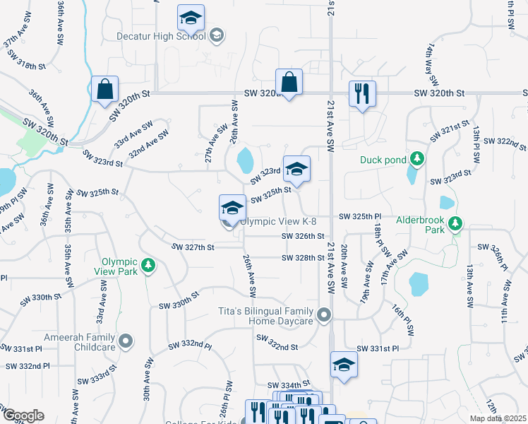 map of restaurants, bars, coffee shops, grocery stores, and more near 2519 Southwest 325th Place in Federal Way