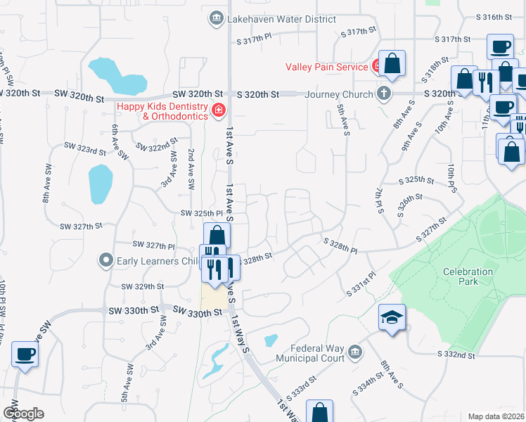 map of restaurants, bars, coffee shops, grocery stores, and more near 32611 2nd Place South in Federal Way