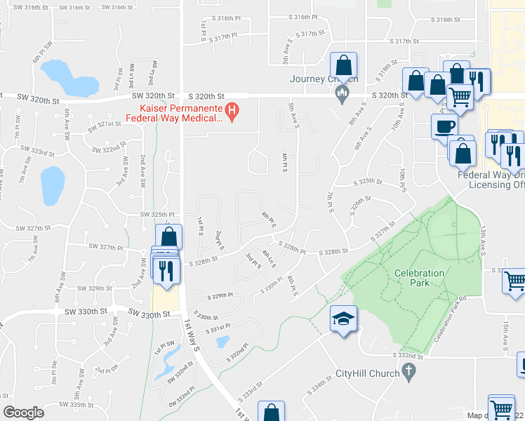 map of restaurants, bars, coffee shops, grocery stores, and more near 341 South 327th Lane in Federal Way