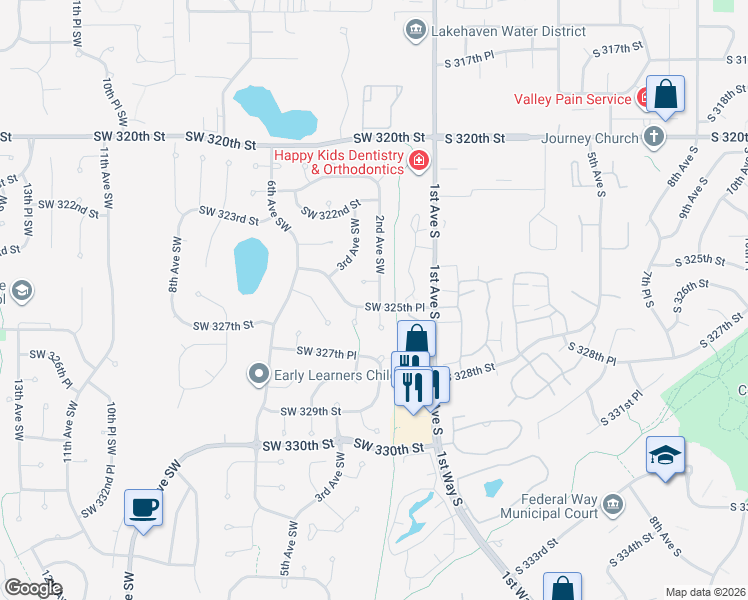 map of restaurants, bars, coffee shops, grocery stores, and more near 32502 2nd Avenue Southwest in Federal Way