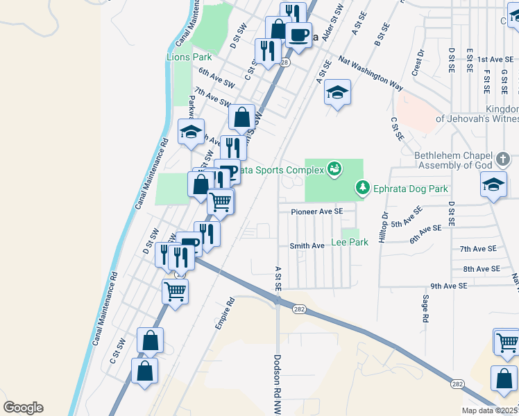 map of restaurants, bars, coffee shops, grocery stores, and more near 1085 A Street Southeast in Ephrata