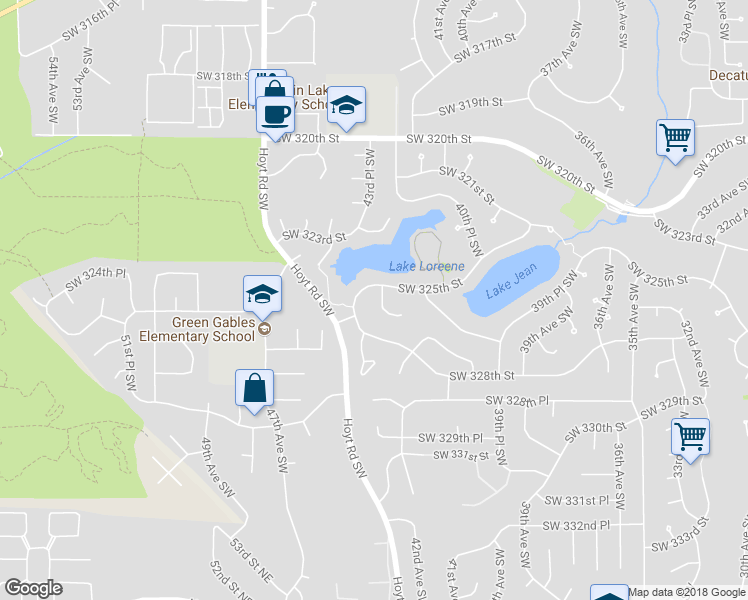 map of restaurants, bars, coffee shops, grocery stores, and more near 32507 42nd Place Southwest in Federal Way