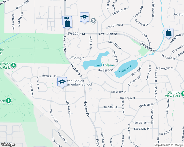 map of restaurants, bars, coffee shops, grocery stores, and more near 32507 42nd Place Southwest in Federal Way