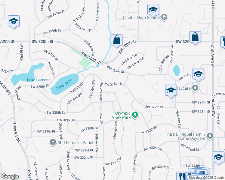 map of restaurants, bars, coffee shops, grocery stores, and more near 3235 Southwest 326th Street in Federal Way