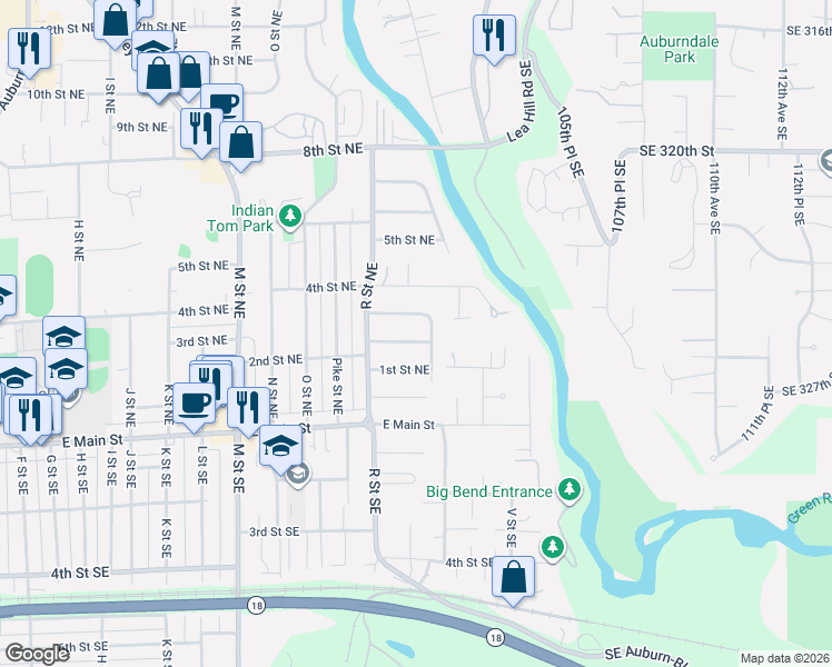 map of restaurants, bars, coffee shops, grocery stores, and more near 1709 1st Street Southeast in Auburn