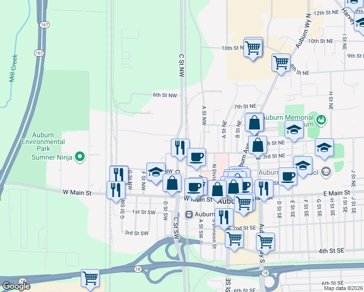 map of restaurants, bars, coffee shops, grocery stores, and more near 112 3rd Street Northeast in Auburn