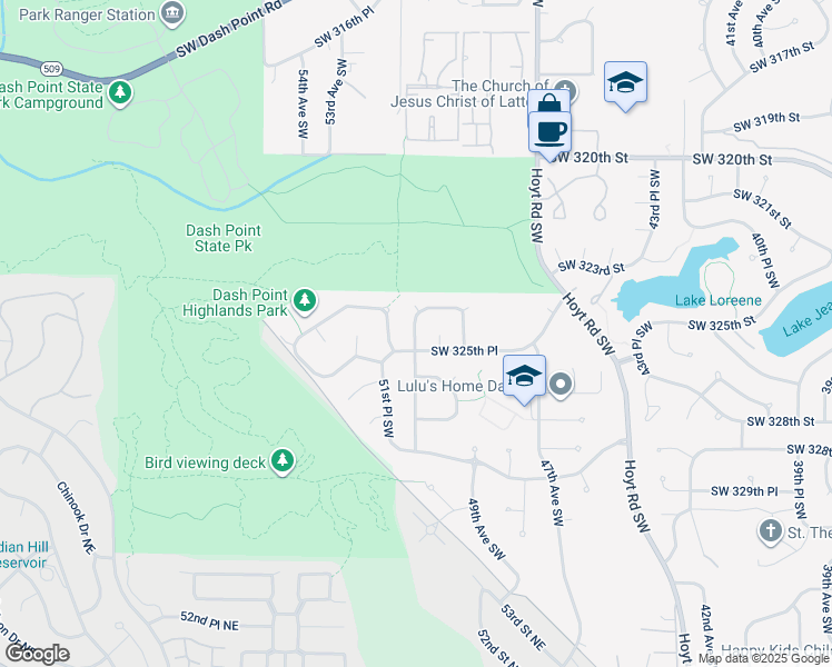 map of restaurants, bars, coffee shops, grocery stores, and more near 5009 Southwest 325th Place in Federal Way