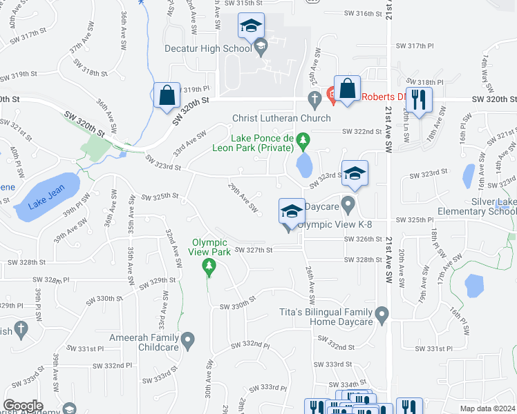map of restaurants, bars, coffee shops, grocery stores, and more near 32416 29th Avenue Southwest in Federal Way