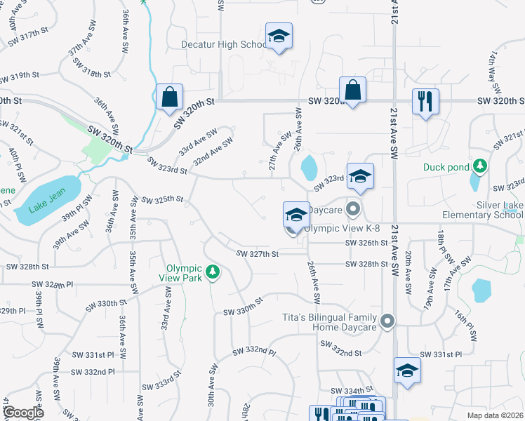 map of restaurants, bars, coffee shops, grocery stores, and more near 32416 29th Avenue Southwest in Federal Way