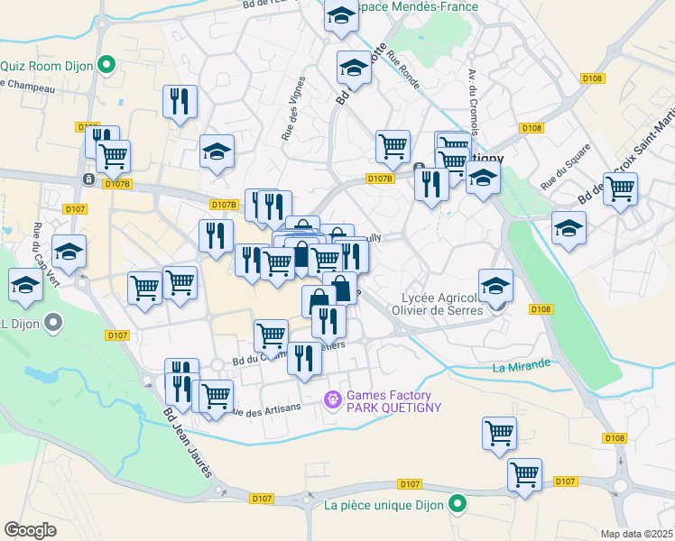 map of restaurants, bars, coffee shops, grocery stores, and more near Avenue de Bourgogne in Quetigny