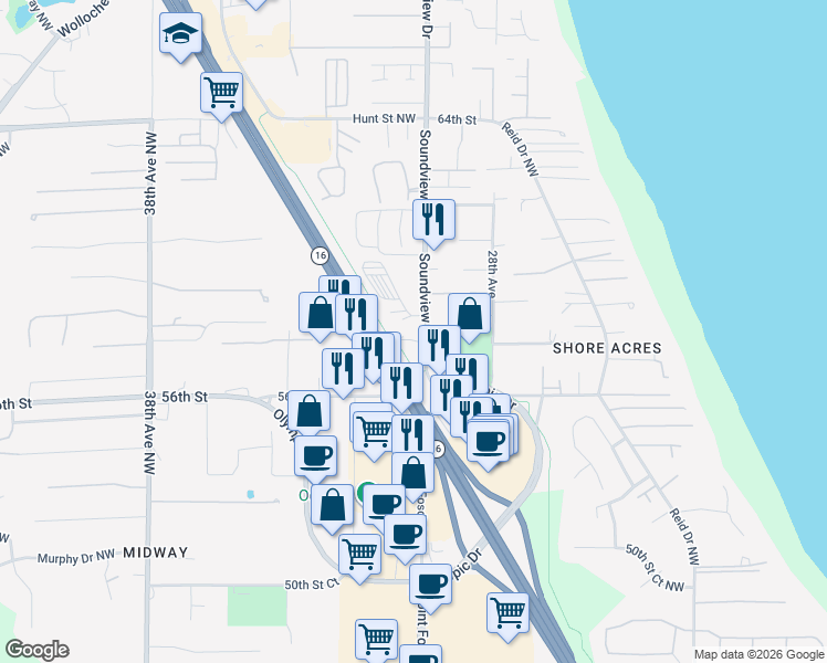 map of restaurants, bars, coffee shops, grocery stores, and more near Cushman Trail in Gig Harbor