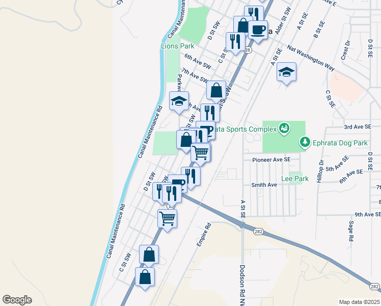 map of restaurants, bars, coffee shops, grocery stores, and more near 1133 Washington 28 in Ephrata