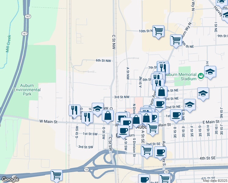 map of restaurants, bars, coffee shops, grocery stores, and more near 112 3rd Street Northeast in Auburn