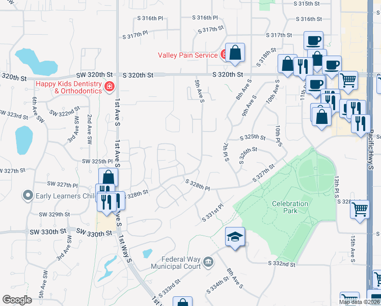 map of restaurants, bars, coffee shops, grocery stores, and more near 431 South 325th Place in Federal Way