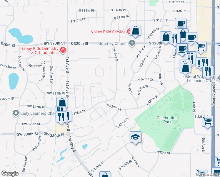map of restaurants, bars, coffee shops, grocery stores, and more near 418 South 325th Place in Federal Way