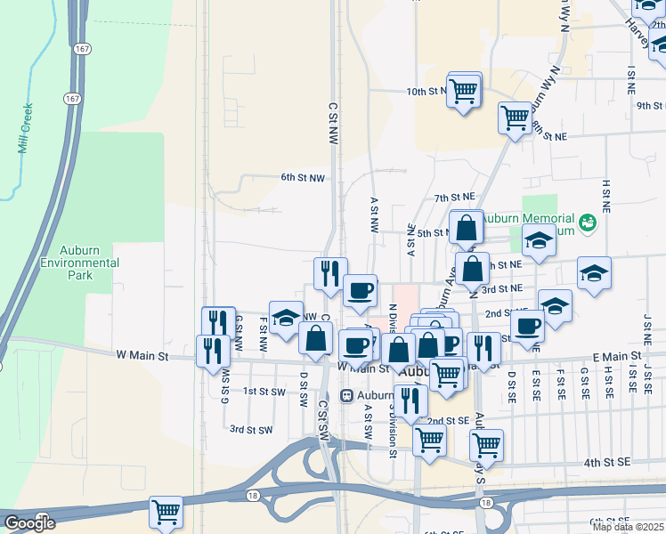 map of restaurants, bars, coffee shops, grocery stores, and more near 112 3rd Street Northeast in Auburn