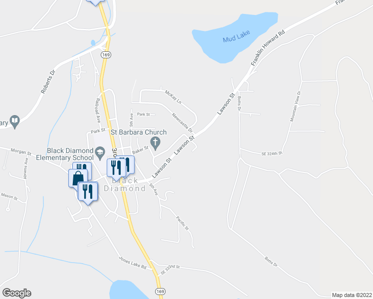 map of restaurants, bars, coffee shops, grocery stores, and more near 25813 Lawson Street in Black Diamond
