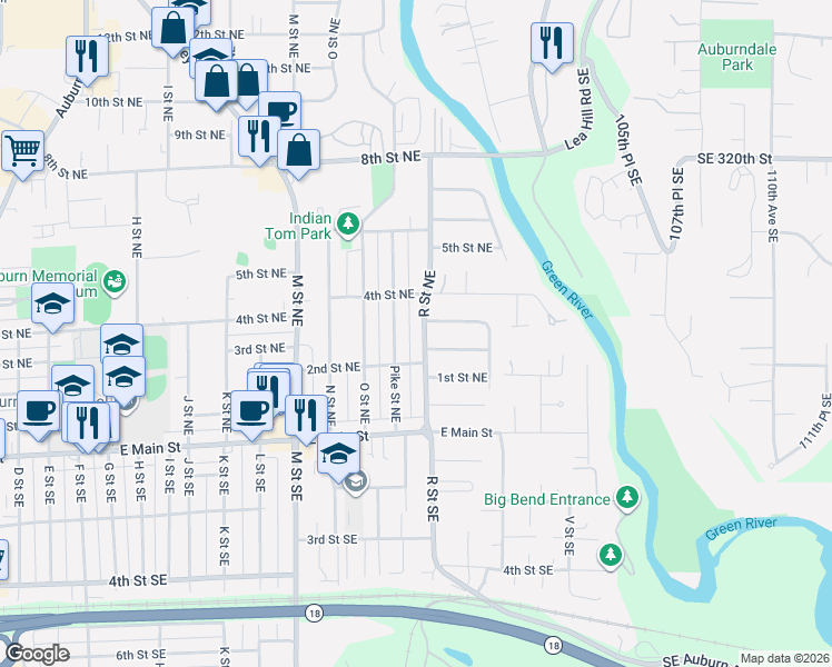 map of restaurants, bars, coffee shops, grocery stores, and more near 316 Pike Street Northeast in Auburn