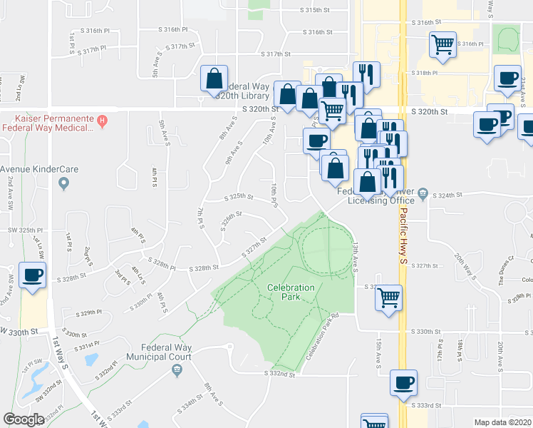 map of restaurants, bars, coffee shops, grocery stores, and more near 1028 South 325th Street in Federal Way