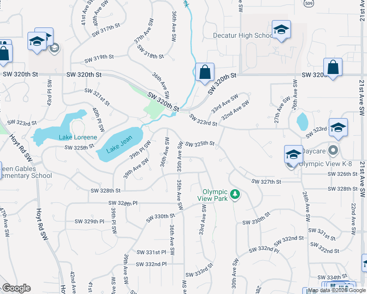 map of restaurants, bars, coffee shops, grocery stores, and more near 3254 Southwest 325th Street in Federal Way