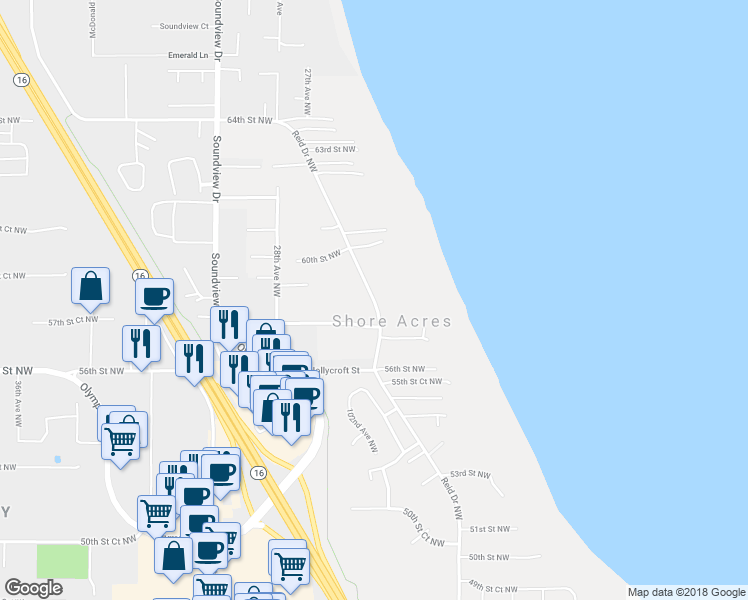map of restaurants, bars, coffee shops, grocery stores, and more near 5809 Reid Drive Northwest in Gig Harbor