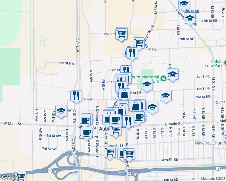 map of restaurants, bars, coffee shops, grocery stores, and more near 418 B Street Northeast in Auburn