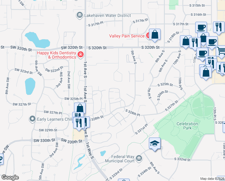 map of restaurants, bars, coffee shops, grocery stores, and more near 32507 3rd Place South in Federal Way