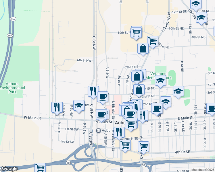 map of restaurants, bars, coffee shops, grocery stores, and more near A Street Northwest in Auburn