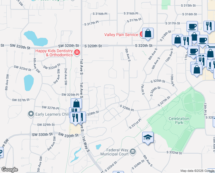 map of restaurants, bars, coffee shops, grocery stores, and more near 303 South 325th Lane in Federal Way