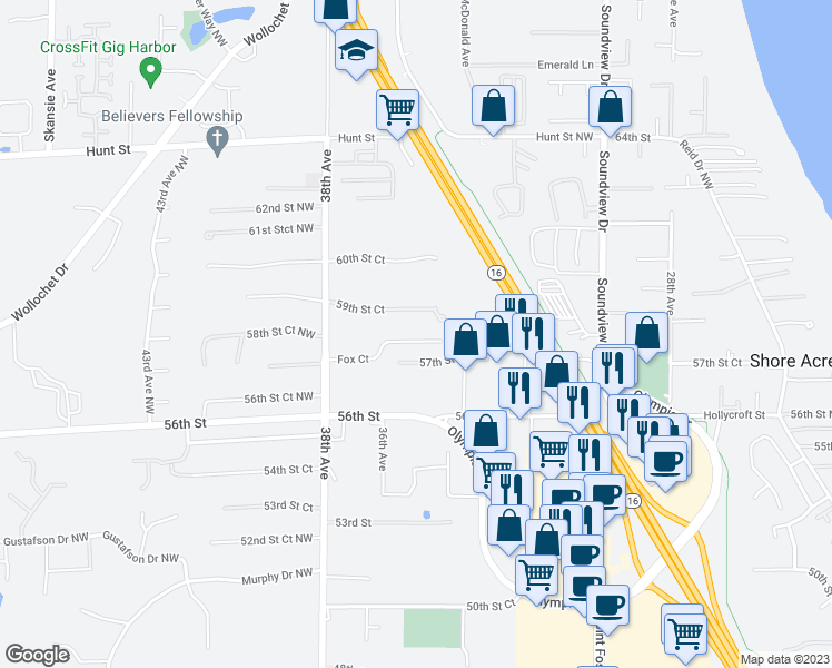 map of restaurants, bars, coffee shops, grocery stores, and more near 3506 59th Street Court in Gig Harbor