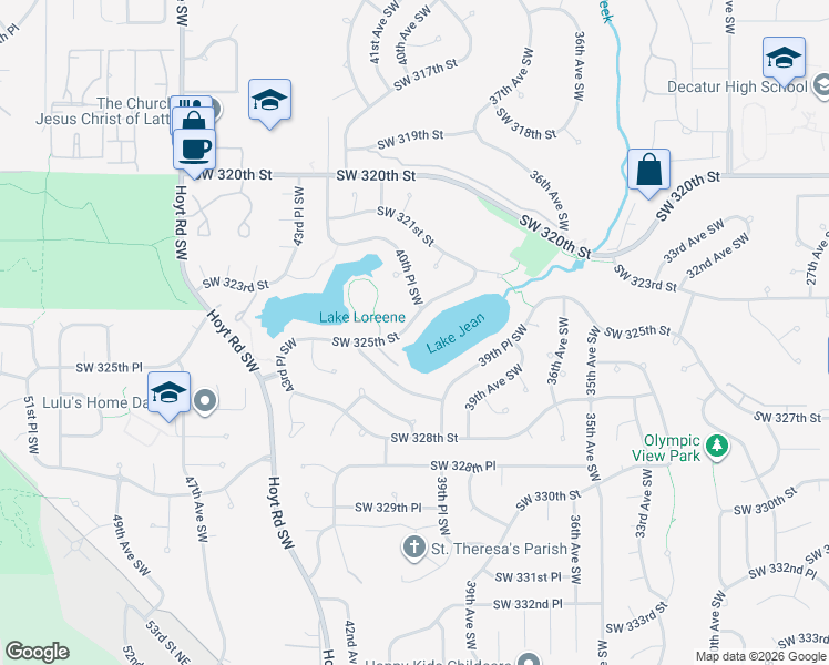 map of restaurants, bars, coffee shops, grocery stores, and more near 4001 Southwest 325th Street in Federal Way