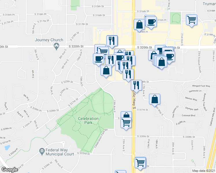 map of restaurants, bars, coffee shops, grocery stores, and more near 1207 South 324th Street in Federal Way