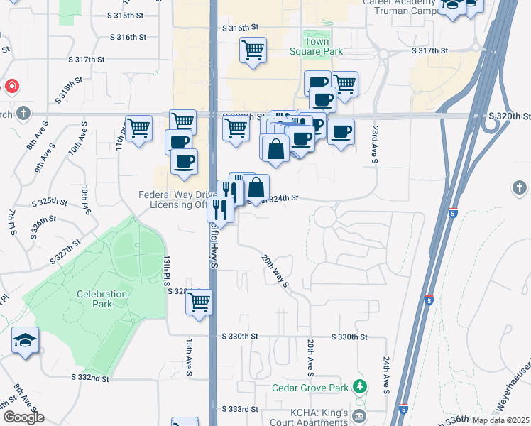 map of restaurants, bars, coffee shops, grocery stores, and more near 1814 South 324th Place in Federal Way