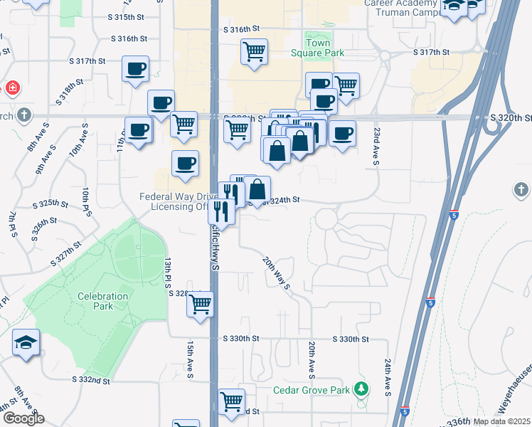 map of restaurants, bars, coffee shops, grocery stores, and more near 1814 South 324th Place in Federal Way