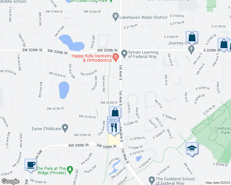 map of restaurants, bars, coffee shops, grocery stores, and more near 32420 1st Lane Southwest in Federal Way