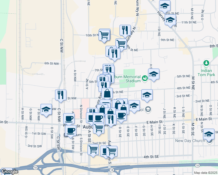 map of restaurants, bars, coffee shops, grocery stores, and more near 420 Auburn Way North in Auburn
