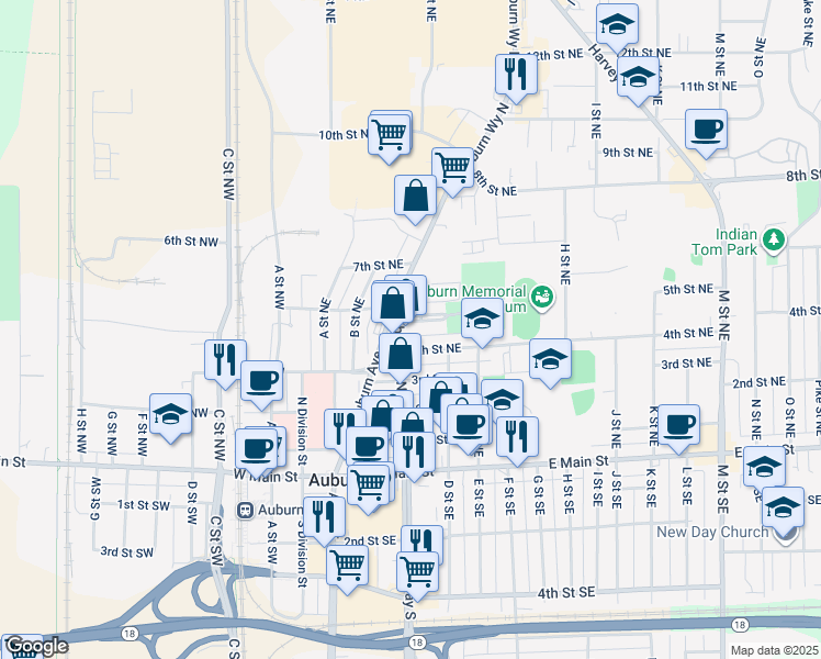 map of restaurants, bars, coffee shops, grocery stores, and more near 420 Auburn Way North in Auburn