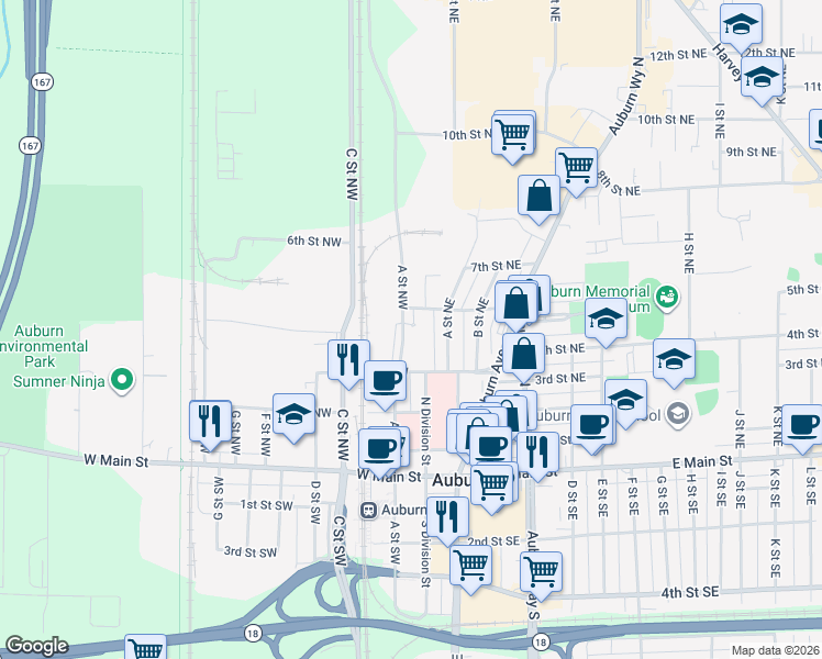 map of restaurants, bars, coffee shops, grocery stores, and more near 22 5th Street Northeast in Auburn